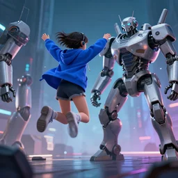 g girl in blue hoodie jumping away from mech robot, animatic, high quality, cyberpunk