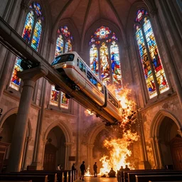 a monorail falling crashing into a large church with lots of stained glass windows, with fire, by kim jung gi, paul heaston, extremely wide angle shot, trending on art station, 4 k, vibrant lighting