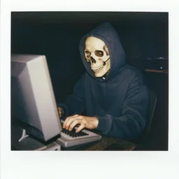 close-up shot of a skull wearing hoodie in 80s, playing the computer, Polaroid photo, by Warhol
