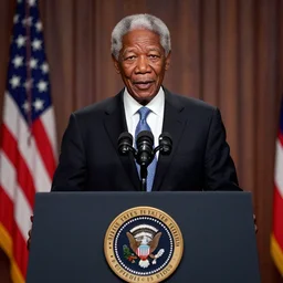 a film still of Morgan Freeman as president of the United States, standing at a podium during the State of the Union address, dramatic lighting