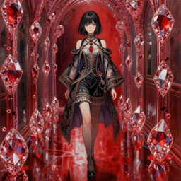 beautiful young girl in intricate clothing walking through a hallway made of blood diamonds, reflections, very high intricate details, painting, digital anime art, medium shot, mid - shot, wlop, ilya kuvshinov, artgerm, krenz cushart, greg rutkowski, sana takeda