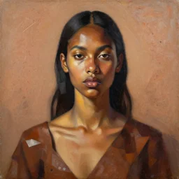 portrait in daring femininity, ethnic, determined realistic face, uniform, warm glow, bathed in light, chiaroscuro, specular highlights, angular impressionism, radiosity, terrazzo, earthy tones, modern fashion, contemporary art, oil on canvas