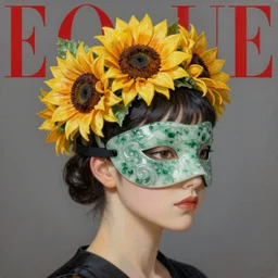 masquerade ball mask, jade sunflower crown, korean audrey hepburn, vogue magazine, elle magazine, greg rutkowski, john singer sargent, trending on artstation, anime, oil painting, side profile portrait, looking right, intricate
