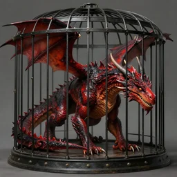 a large red - black wyvern dragon, inside of a heavy duty cage, similar to jurassic park, magic the gathering art, d & d, fantasy, intricate, cinematic lighting, highly detailed, digital painting, artstation, concept art, smooth, sharp focus, illustration, art by artgerm and greg rutkowski and alphonse mucha