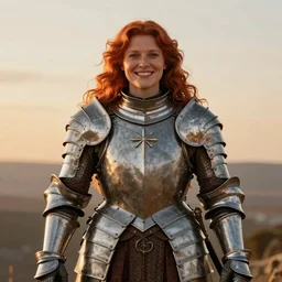 Symmetrical cleric of symmetry. Stocky red-haired woman wearing full-plate armor. Smiling. Happy. Cheerful. Art by william adolphe bouguereau. During golden hour. Extremely detailed. Beautiful. 4K. Award winning.