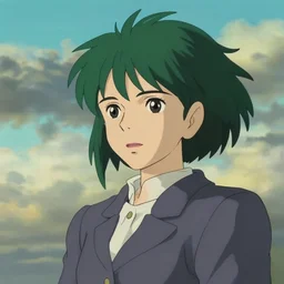 harpy woman, green feathery hair, business suit, detailed face, exquisite details, mid view, cloudy sky background, by studio muti, greg rutkowski makoto shinkai takashi takeuchi studio ghibli