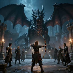 an archer in front of a huge black dragon on a medieval palace courtyard at night, high quality, epic, dnd, rpg, fantasy art, artstation, dramatic lighting, dragonlance, d & d, by jesper ejsing, by rhads and makoto shinkai and lois van baarle and ilva kuvshinov and rossdraw
