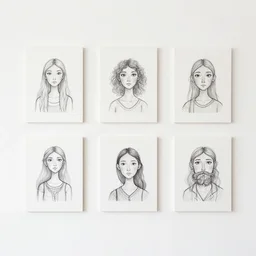 a white wall, with five drawings