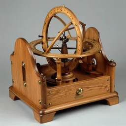 realistic photo of a a medieval wooden astronomic scientific chemistry device made of oak wood, brass buttons 1 9 9 0, life magazine reportage photo, natural colors
