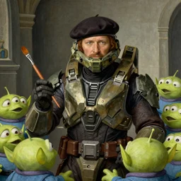 a beautiful renaissance painting of Master Chief from Halo wearing a beret, holding a paint brush, in front of a class of young aliens.