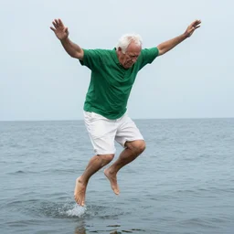 mid white hair old man with green shirt and white short, jumping in the water with kevin o'leary