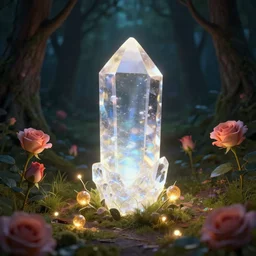a glowing crystal in a dark rose forest with a path of roses, glowing roses, glowing ovules and lava crystal ginger by blizzard style artstation trend, magic fog, night, low light, volumetric lighting, ue 4, zbrush, marmos