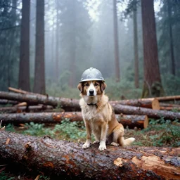 puppy wearing hard hat in clear cutting logging operation, fog, old growth forest, ektachrome, photo from 1 9 9 8,