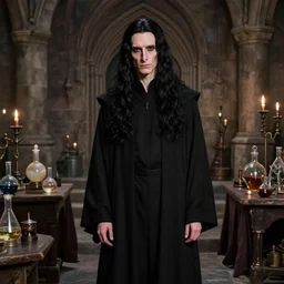 Portrait of a thin man with sallow skin, long greasy black hair, a hooked nose and black eyes. He also dresses in a flowing black robe. He is standing in the room of a medieval castle. Potions, magic reagents and lab equipment are littering the tables around him.