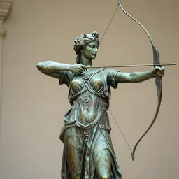 a 4 k photorealistic photo medium shot of a bronze statue of a greek goddess holding a bow and arrow.