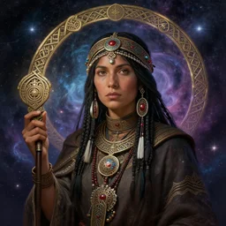 : female native american shaman, fantasy magic, celtics, ireland, intricate, sharp focus, illustration, highly detailed, digital painting, concept art, matte, jahbu art ancient, cosmos, cosmic
