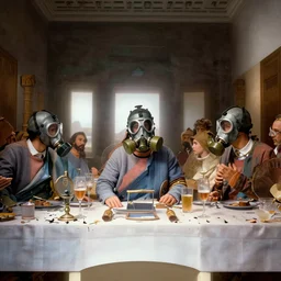 the last supper in gas masks, hyperrealistic, volumetric golden dappled dynamic lighting, highly detailed, sharp focus, elegant, by greg rutkowski