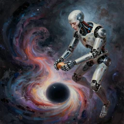 a surrealistic portrait of a cyborg being fed to the galaxy floating above a black hole, the birth of the singularity, impasto, airbrushed, smoky swirls, vibrant colors, hyperrealism, paint splashes, shadows, rule of thirds, detailed digital matte painting by jan van eyck