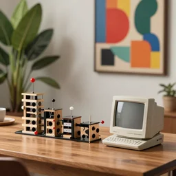 tilt shift photography, extreme dof, a miniature rube goldberg machine, retro 1 9 9 0 computer on a wood tabletop, bold modern art, midcentury, exotic house plants, depth of field