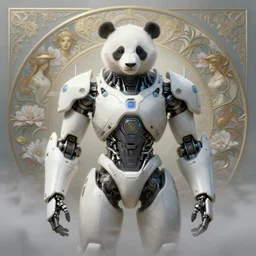 symmetry!! portrait of a hybrid white cyberpunk style robot panda in the mist, floral! horizon zero dawn machine, intricate, elegant, highly detailed, ray tracing, digital painting, artstation, concept art, smooth, sharp focus, illustration, art by artgerm, beeple, greg rutkowski, alphonse mucha, 8 k