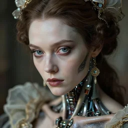 hyperrealistic close-up rococo cyborg woman! highly detailed concept art eric zener elson peter cinematic hard lighting high angle hd 8k sharp shallow depth of field, inspired by David Paul Cronenberg and Zdzisław Beksiński