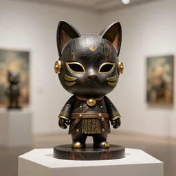 3 d octane render ultra 8 k photorealistic hyperdetailed unreal engine, a wooden sculpture, art toys on a pedestal, a very cute mystical mask samourai robot of the bohemian with cat's ears in a zen rebelle black gold, concept art, trending on cgsociety, artwork masterpiece, in a contemporary art gallery in neo paris by alphosne mucha