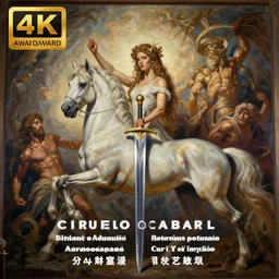 hyperrealist painting of a beautiful apolled sword in a mural that recounts the fall of a god. by ciruelo cabral, fantasy art, photo realistic, dynamic lighting, artstation, poster, volumetric lighting, very detailed faces, 4 k, award winning