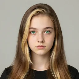 brunette with dyed blonde hair, 18 years old, 155 cm tall, flat ironed hair, green big eyes, small nose, small mouth, diamond shaped face, big forehead, lop eared