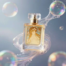 perfume floating in rainbow soap bubbles, path traced, environment, highly detailed, concept art, realistic, octane render, up close shot shinji aramaki, karol bak, alphonse mucha