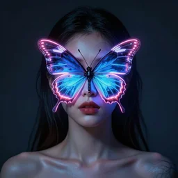 a portrait of a beautiful woman with a neon butterfly covering her face art by james paick, and shaddy safadi, ominous, cosmic horror, trending on artstation, ultra detailed, hyper realistic 4 k