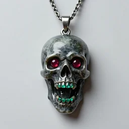 This amulet is carved from obsidian and shaped like a screaming humanoid skull, with ruby eyes and emeralds for teeth. It hangs from an iron chain necklace.