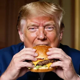 a close - up portrait of obese donald trump eating a massive cheeseburger by chris ware