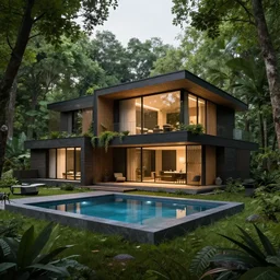 contemporary house in the forest, lights inside, foliage, square pool, unreal engine, textures, detailed, realistic