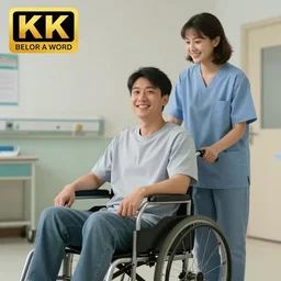 a male patient in a wheelchair in the hospital with his wife and son standing by. happy, cheerful, intricate, sharp focus, artstation, cinematic, 8 k, award winning