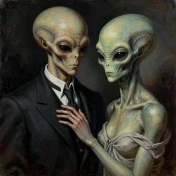 alien man with alien woman portraiture, painted by beksinski, 4 k, intricate details, unreal engine, dynamic lighting
