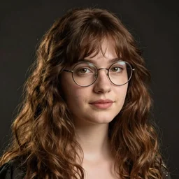 portrait of a beautiful young white woman, wavy brown hair and bangs, a slightly big nose, slightly big buy soft jaw, round glasses