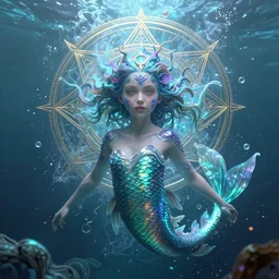 a render of an ancient futuristic ethereal mermaid with digital modifications surrounded by a underwater ink pour and flowing liquid gallium and complex sacred geometry, powerful, cinematic, beautifully lit, perfect face, by beeple, by artgerm, by karol bak, by brian froud, 3 d, trending on cgsociety, octane render, zbrushcentral, 8 k