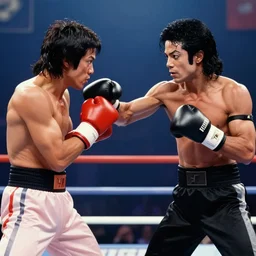 Michael Jackson fighting Bruce Lee in a boxing match, television broadcast