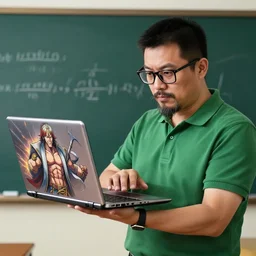 buff math teacher wearing glasses and a green polo shirt has a goatee and fights with a chromebook, anime, epic, detailed