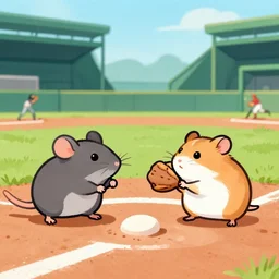 rat and hamster playing baseball original art