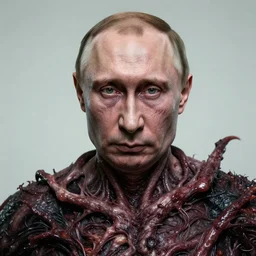 Bodyhorror portrait  by H.R.Giger of Vladimir Putin who became a degenerate horror Abomination, photo-realistic, color image, 2K, highly detailed