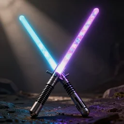 a light saber with tie dye colored blade, uncropped, photography