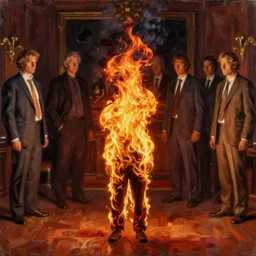 one men burning in fire flames standing alone in suite, piotr jablonski, tim hildebrandt, mark maggiori, jeff dekal, long shot, hyperrealistic oil painting on canvas, deep depth field, cinematic composition, hyper - detailed, hdr, 8 k, 4 k