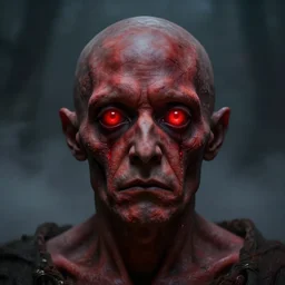 lord loss, king of sorrow, book portrait, pale red, lumpy skin, he has very dark - round red sad eyes with even darker red pupils. tiny cracks in skin seep, symmetric lights and fog, in the style of zdzislaw beksinski, glowing light and shadow, hyperrealist, 8 k
