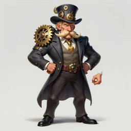 a highly detailed illustration of fancy blonde twirly clean moustache old man wearing hat with gears and suit, dramatic standing power pose, muscular, colored, by greg rutowski, intricate, elegant, highly detailed, centered, digital painting, artstation, concept art, smooth, sharp focus, league of legends concept art, wlop.