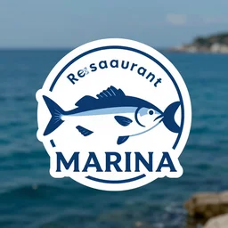 logo for a fish restaurant called marina with the sea in the background