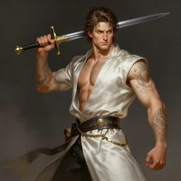 character concept portrait of Aaron Taylor Johnson as an adventurer holding a rapier. Magic tattoos, fit, abs, silk robes, elegant, dynamic perspective, digital painting, concept art, smooth, sharp focus, illustration, from Metal Gear, by Ruan Jia and Mandy Jurgens and William-Adolphe Bouguereau, Artgerm