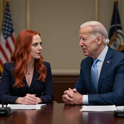 wanda maximoff and joe biden in a meeting, hyperrealism, volumetric light, 4 k