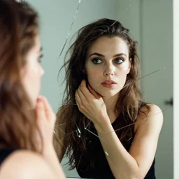 photo of girl looking herself in a broken mirror, close, detailed, by annie leibovitz