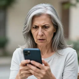 astonished and angry middle aged lady looking at smartphone, unsure expression, uncombed hair, greek ethnicity, thin face structure, straight grey hair, angry eyes, photo, realistic, outdoor lighting, 4 k, 8 k, hd, 3 9 mm lens